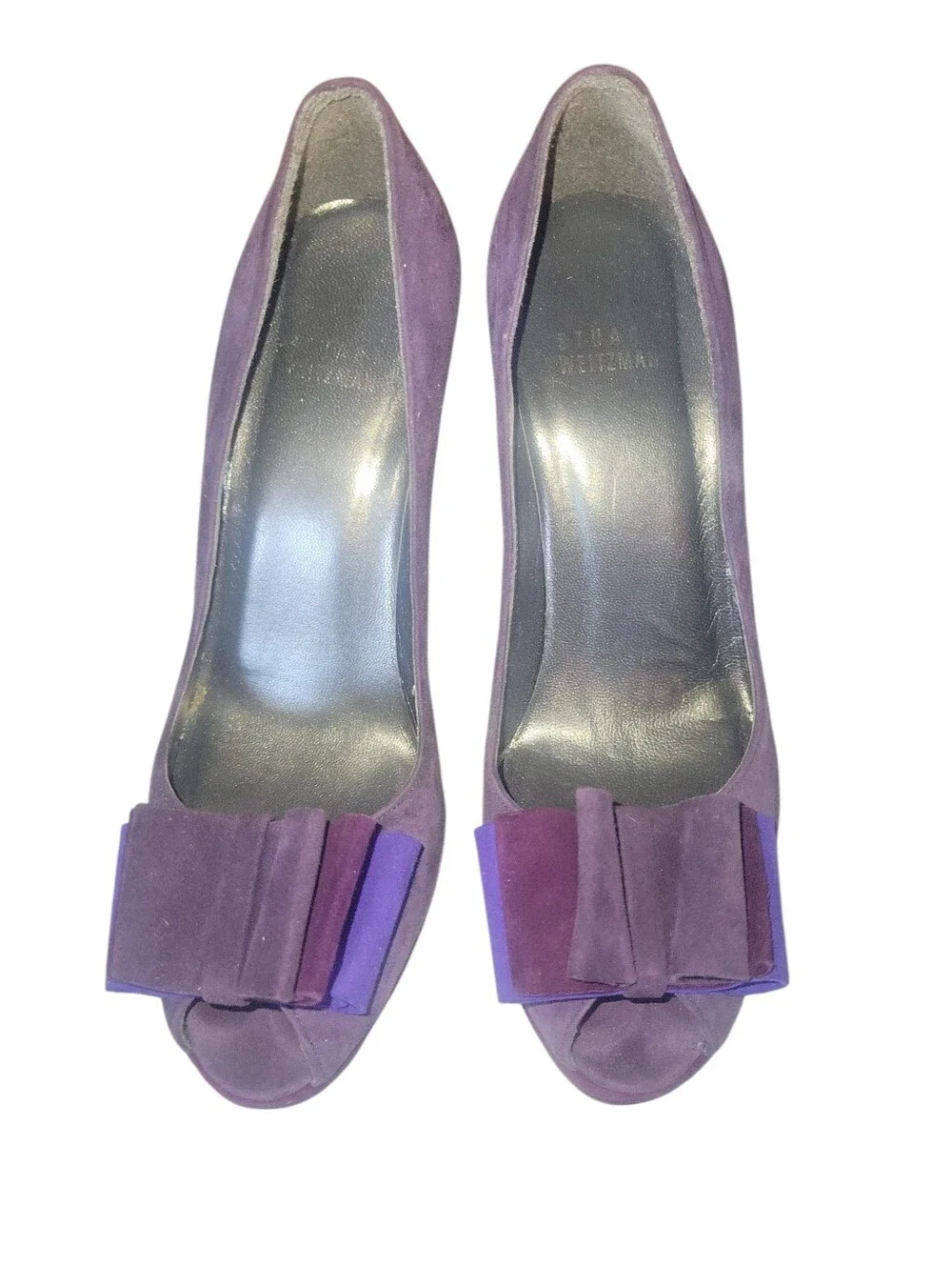 Stuart Weitzman Purple Suede Peep-Toe Pumps with Layered Bow Stiletto Heels 6M